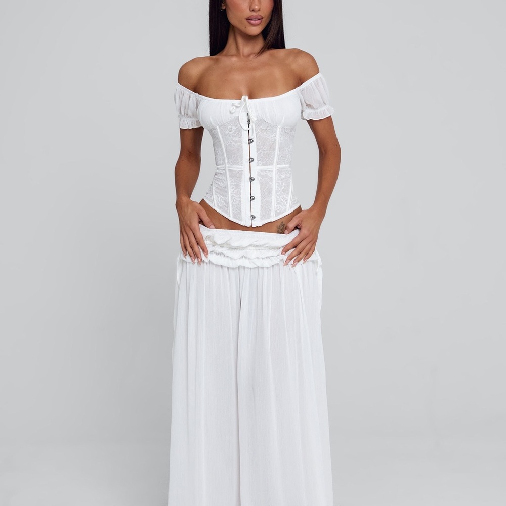 Elegant White Off-Shoulder Corset and Skirt Set